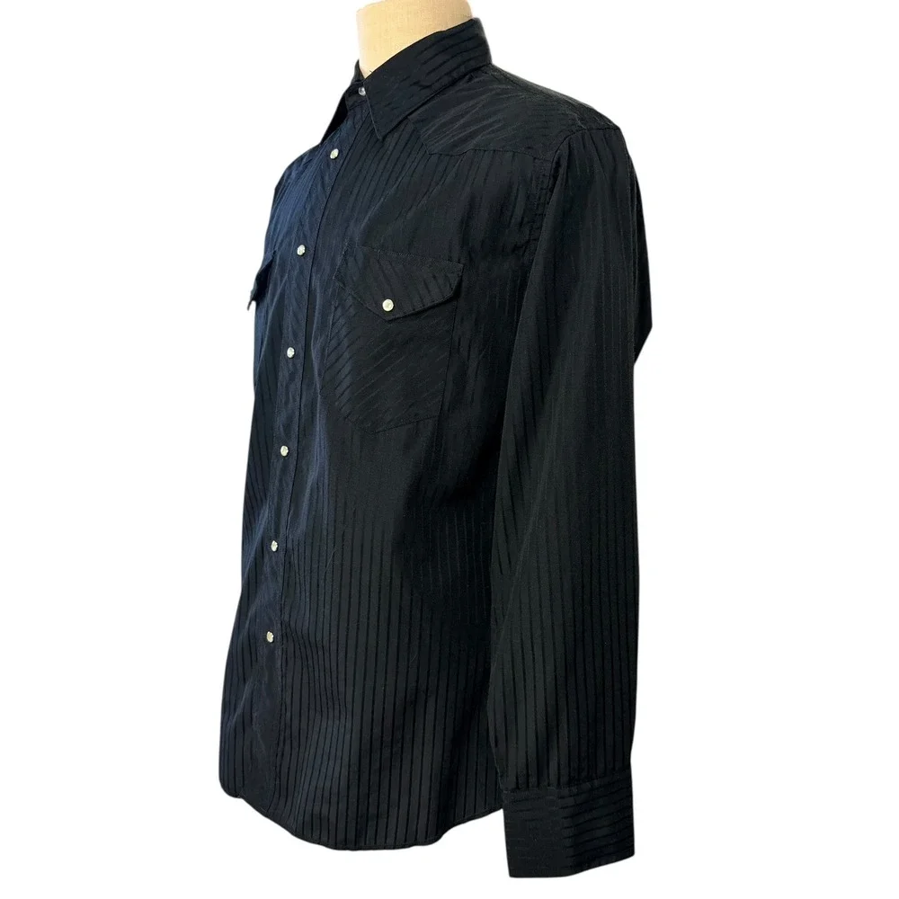 Wrangler‎ Western Shirt L Black Snap Button Striped Cowboy Rodeo Chic Darkwear